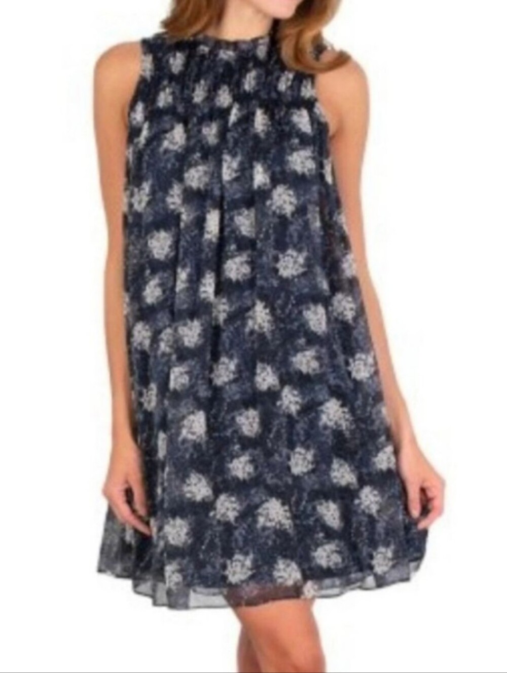 Joie Mini Dress Baltic Print Sz XL Blue Ruched Sleeveless